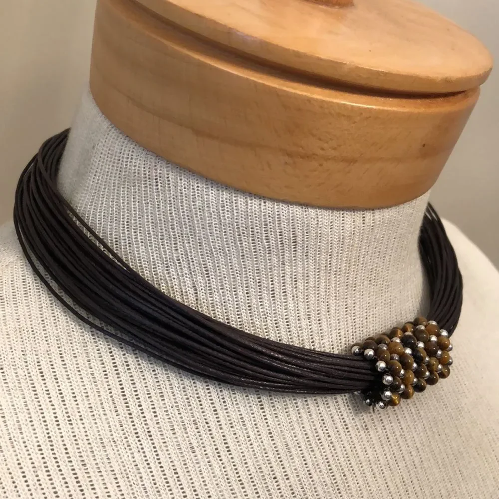 Waxed Brown Cord Necklace with Silver & Tigers Eye Beads, Sterling End Caps